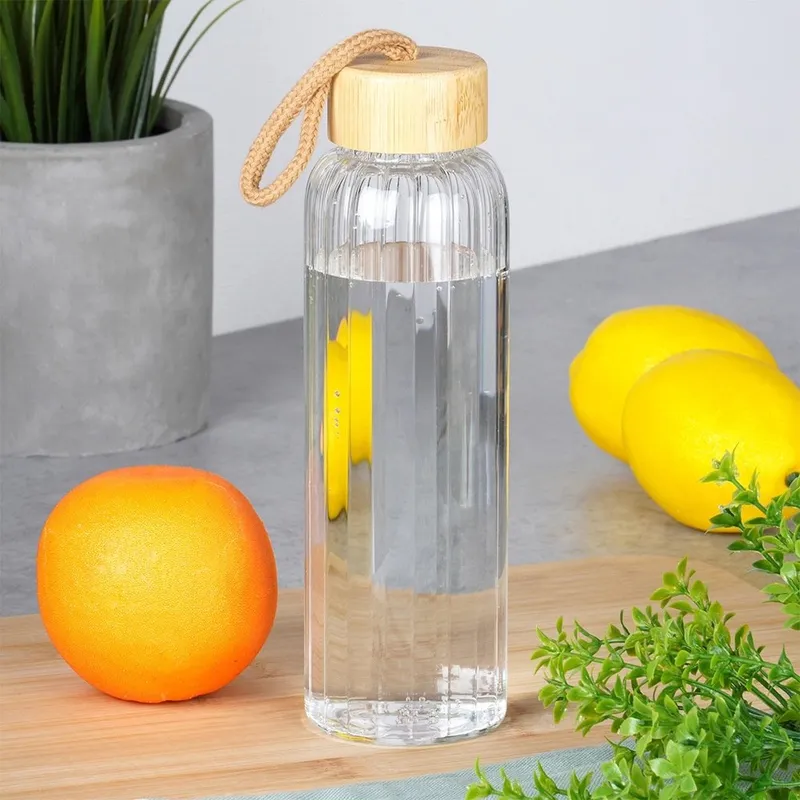Butelka Na Wodę Szklana 500 ml Zakrętka Bambus Borokrzem MEBLIVA