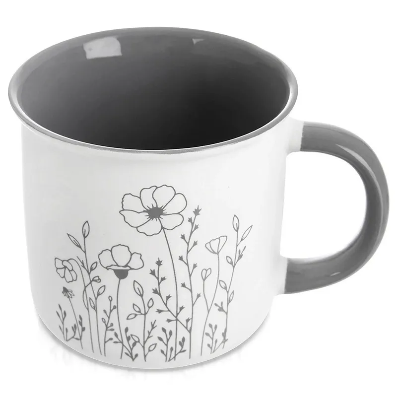 Kubek Porcelanowy 400 ml Kwiaty Ze Szarym Wnętrzem MEBLIVA - Biały