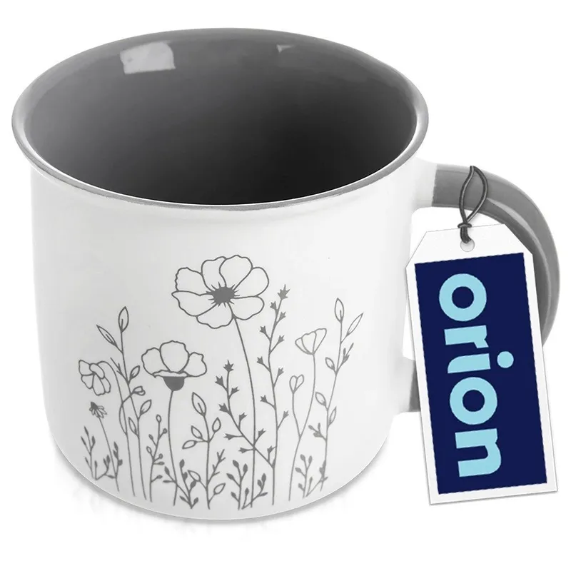 Kubek Porcelanowy 400 ml Kwiaty Ze Szarym Wnętrzem MEBLIVA - Biały