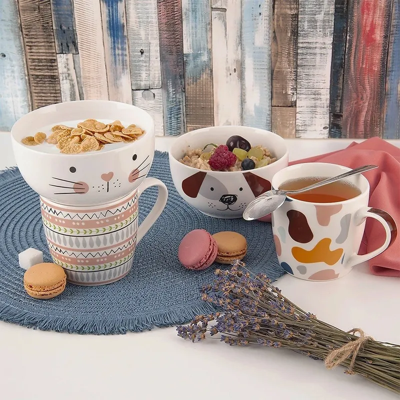 Kubek Z Miseczką Porcelanowy 2 el. Kot Zestaw Śniadaniowy MEBLIVA