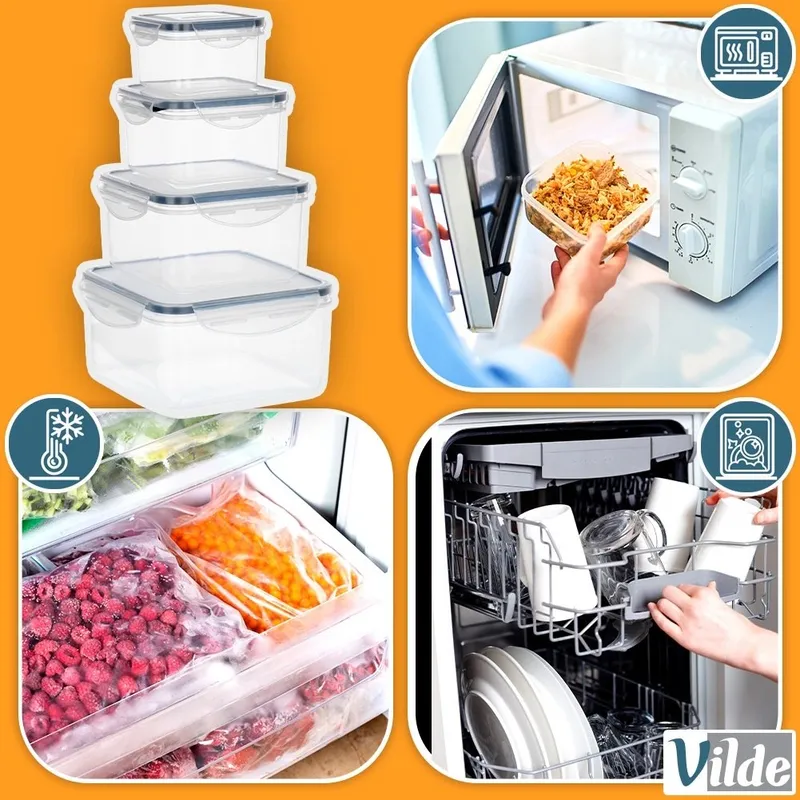 Zestaw 4 Pojemników Lunchbox Kwadrat Szczelny Mikrofala Zmywarka MEBLIVA