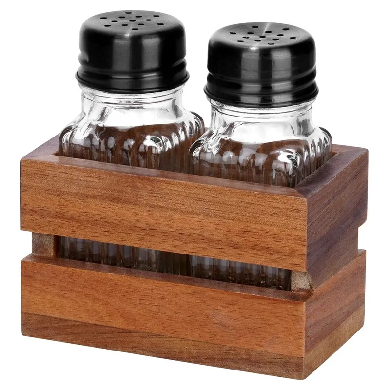 Solniczka Pieprzniczka Ryflowana Drewniany Stojak Brąz 60 ml MEBLIVA