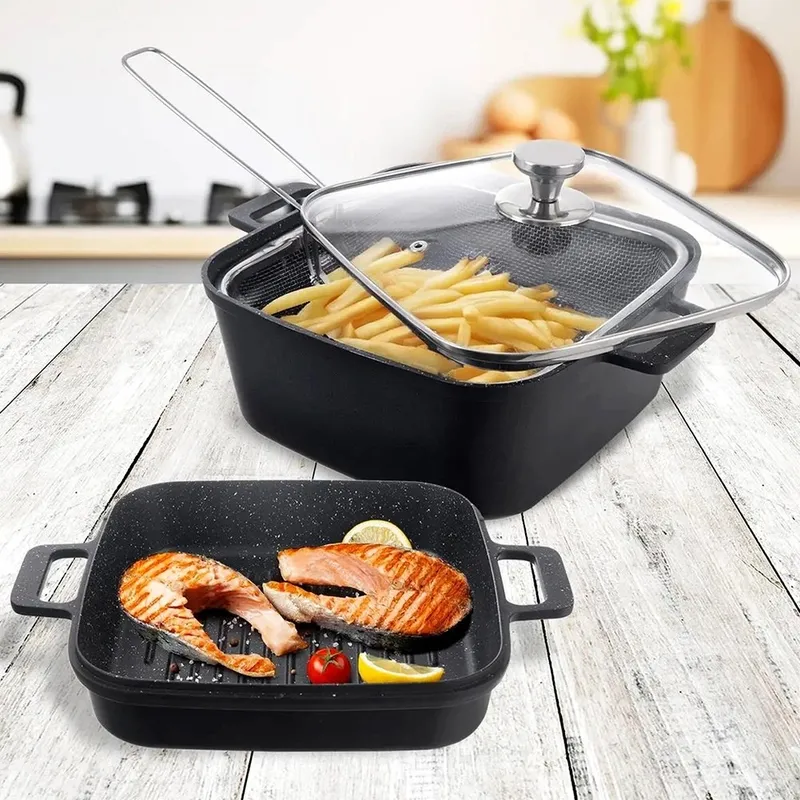 Garnki Granitowe Ze Szklaną Pokrywką Patelnią Grillową Koszyczkiem GARDIVA
