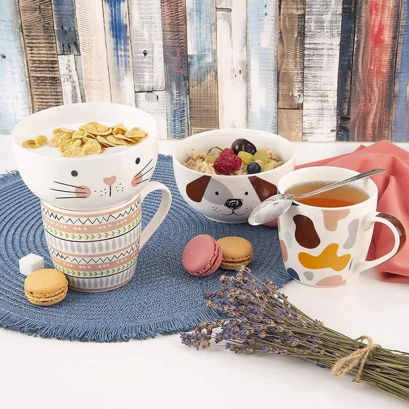 Kubek Z Miseczką Porcelanowy 2 el. Pies Zestaw Śniadaniowy MEBLIVA