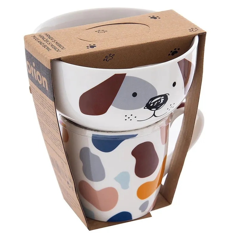 Kubek Z Miseczką Porcelanowy 2 el. Pies Zestaw Śniadaniowy MEBLIVA