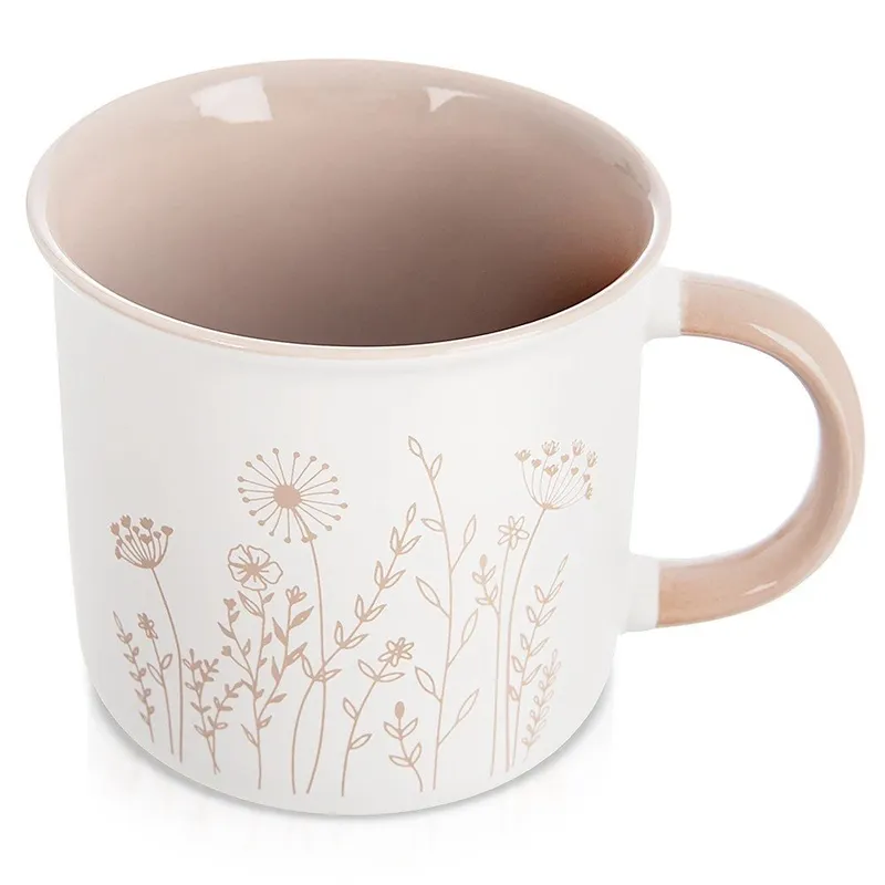 Kubek Porcelanowy 400 ml Kwiaty Z Beżowym Wnętrzem MEBLIVA - Biały