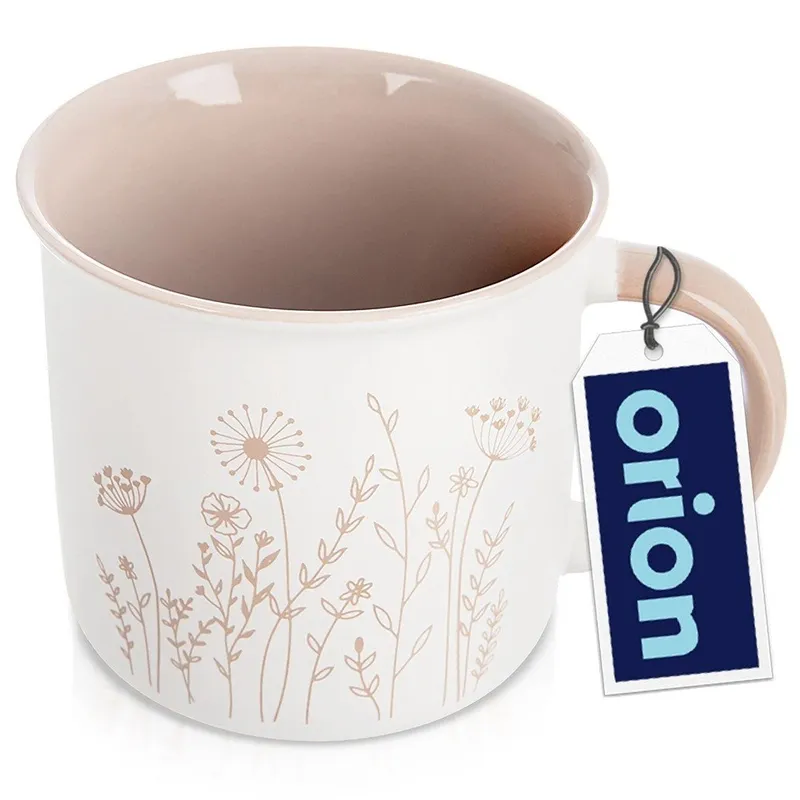 Kubek Porcelanowy 400 ml Kwiaty Z Beżowym Wnętrzem MEBLIVA - Biały