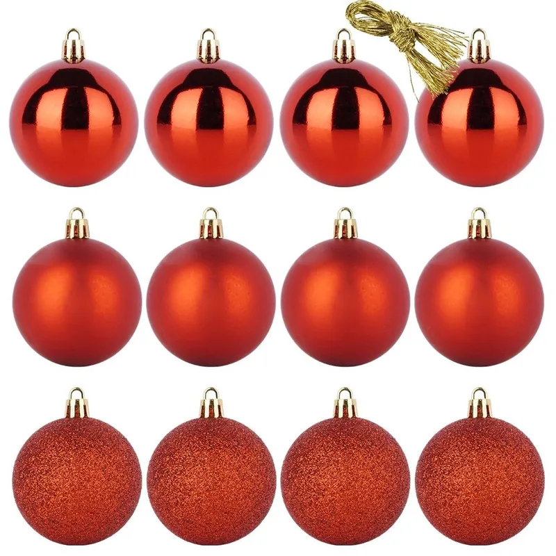 Bombki 12 szt. Nietłukące 6 cm Zestaw Mat/Błysk/Brokat MEBLIVA - Czerwone