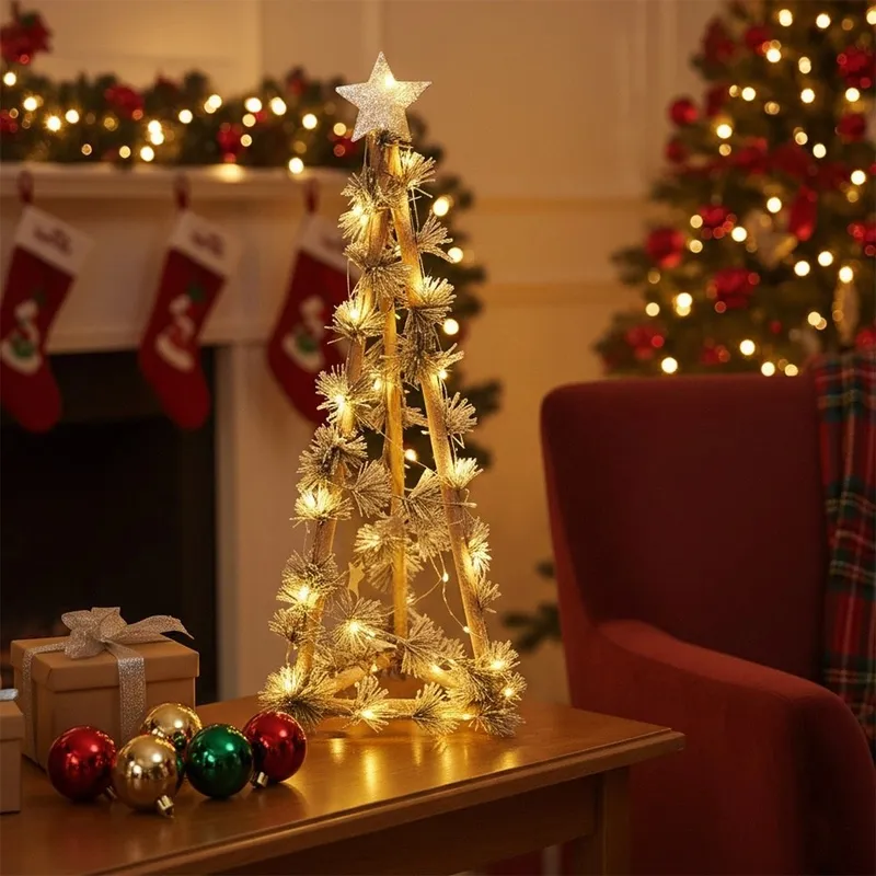Choinka Świąteczna Stożek Drewniana 68 cm 40 LED Z Timerem Ozdoba MEBLIVA