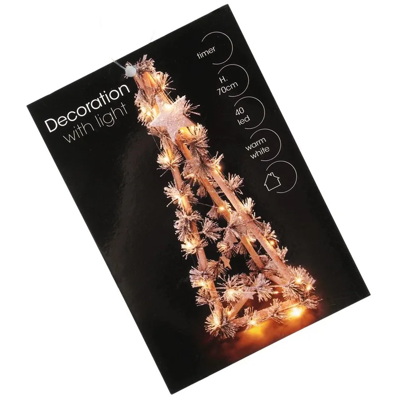Choinka Świąteczna Stożek Drewniana 68 cm 40 LED Z Timerem Ozdoba MEBLIVA