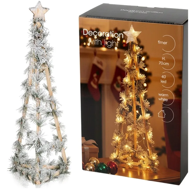 Choinka Świąteczna Stożek Drewniana 68 cm 40 LED Z Timerem Ozdoba MEBLIVA
