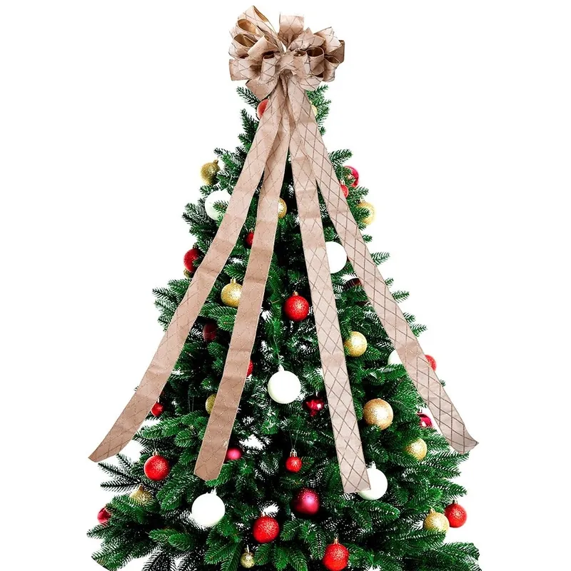 Duża Kokarda Zwieńczenie Choinki 130 cm Brokat MEBLIVA - Beżowo-Złota