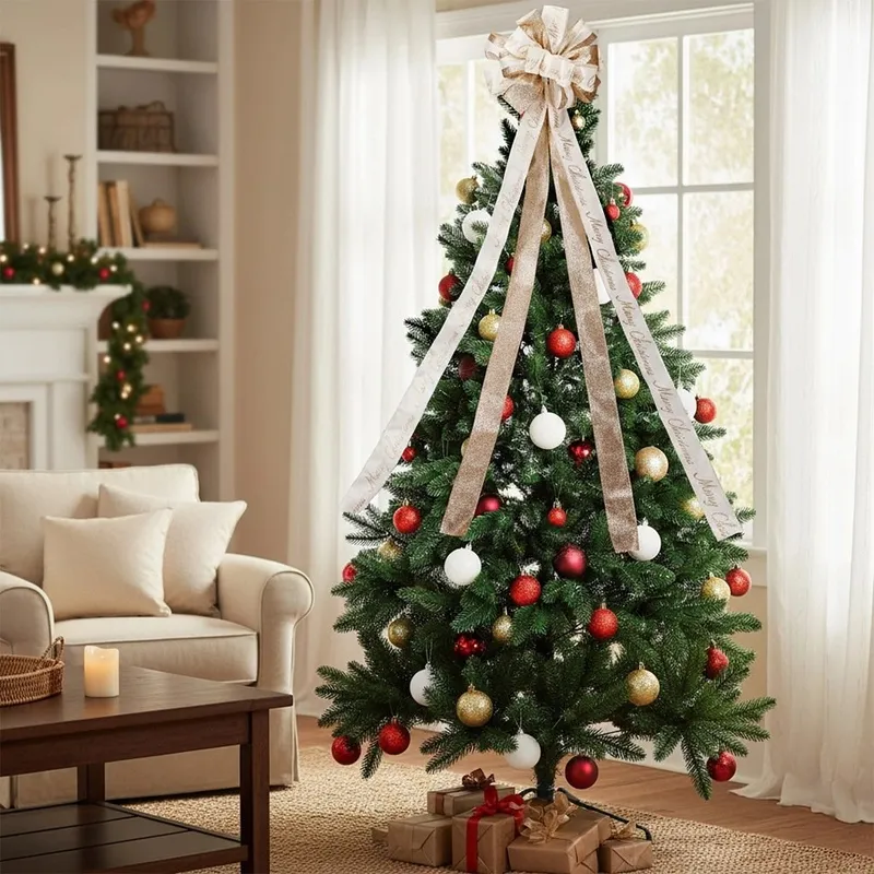 Duża Kokarda Zwieńczenie Choinki 130 cm Merry Christmas MEBLIVA - Kremowa