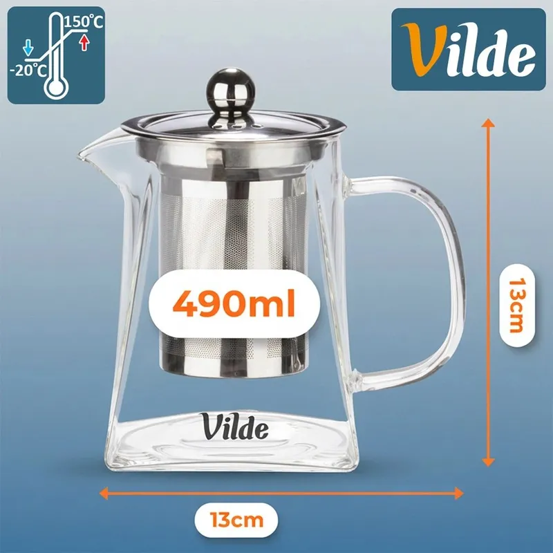 Dzbanek Szklany Zaparzacz Sitko Kwadratowe 490ml Herbaty MEBLIVA