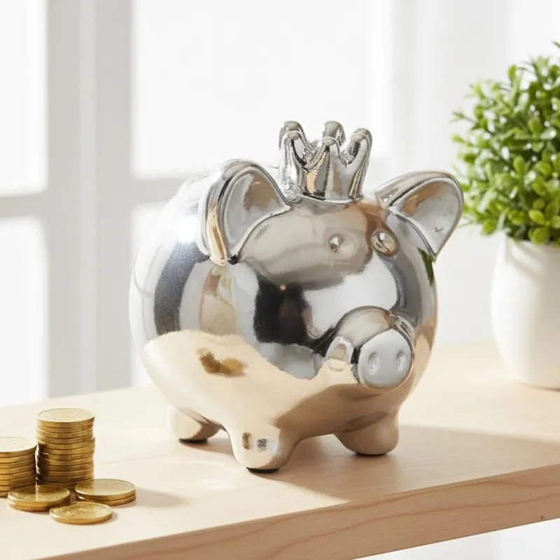 Skarbonka Świnka Ceramiczna Lustrzana Otwierana Prezent MEBLIVA - Srebrna