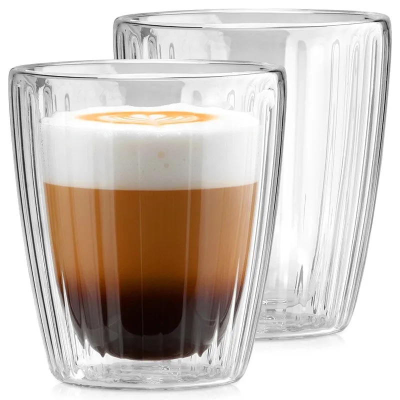 Komplet 2 Szklanek Termicznych 230ml Podwójne Szkło Paskowane Kawa MEBLIVA