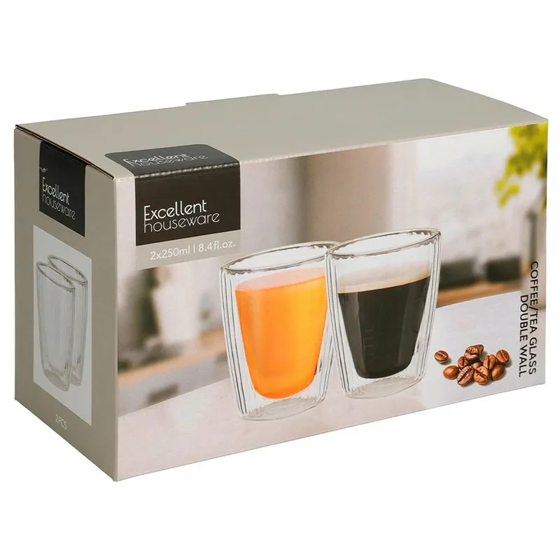Komplet 2 Szklanek Termicznych 230ml Podwójne Szkło Paskowane Kawa MEBLIVA