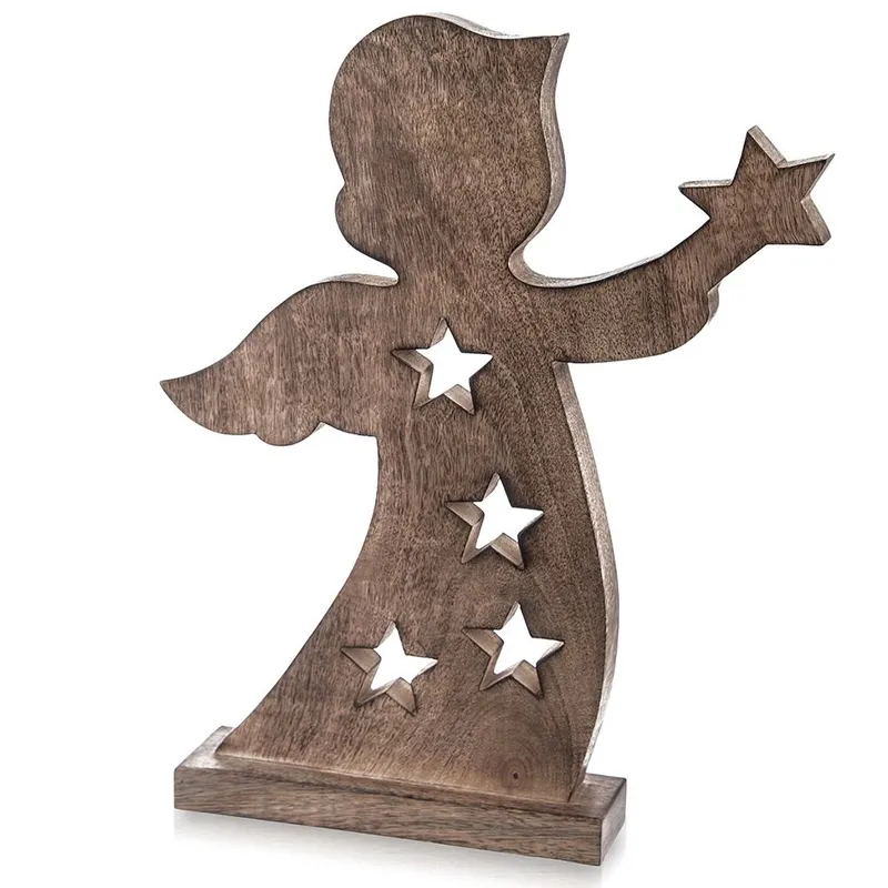 Duża Figurka Anioł 43 cm Drewno Mango Ozdoba Z Gwiazdkami Loft MEBLIVA