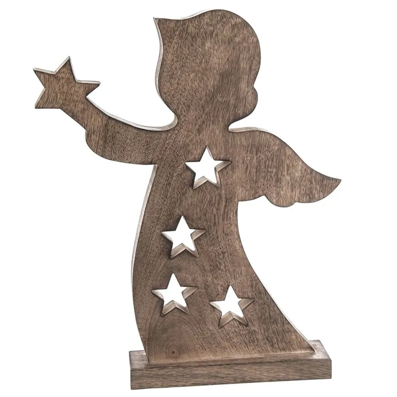 Duża Figurka Anioł 43 cm Drewno Mango Ozdoba Z Gwiazdkami Loft MEBLIVA