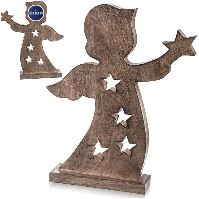 Duża Figurka Anioł 43 cm Drewno Mango Ozdoba Z Gwiazdkami Loft MEBLIVA