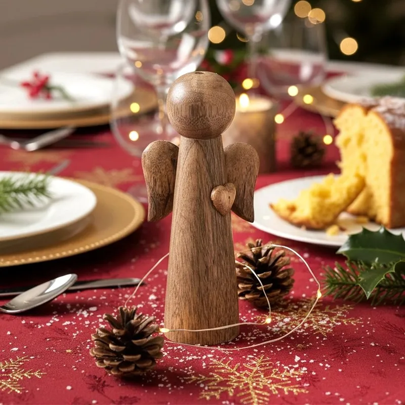 Figurka Anioł Drewno Mango 21 cm Stylowa Dekoracja Świąteczna MEBLIVA