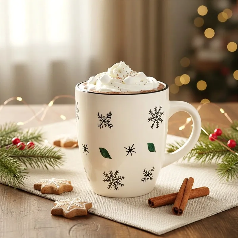 Kubek Ceramiczny Świąteczny 350 ml W Płatki Śniegu Prezent MEBLIVA - Biały