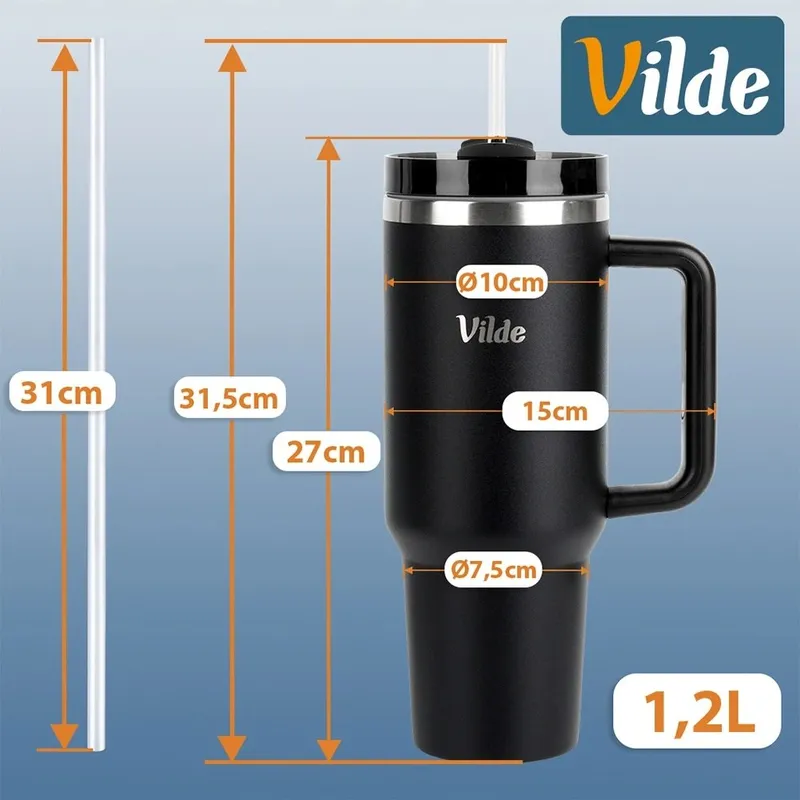 Kubek Termiczny 1,2 l Z Rurką I Uchwytem Termos XXL MEBLIVA - Czarny