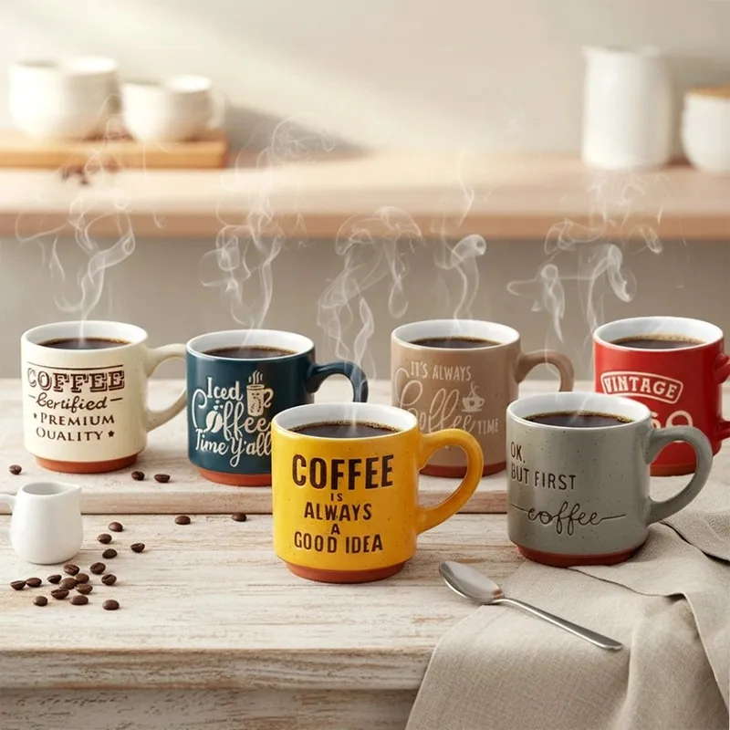 Kubki Do Espresso 110 ml Kolorowe Napisy Zestaw 6 szt. Ceramika MEBLIVA