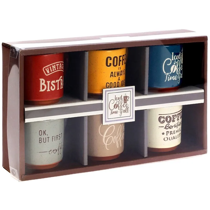 Kubki Do Espresso 110 ml Kolorowe Napisy Zestaw 6 szt. Ceramika MEBLIVA