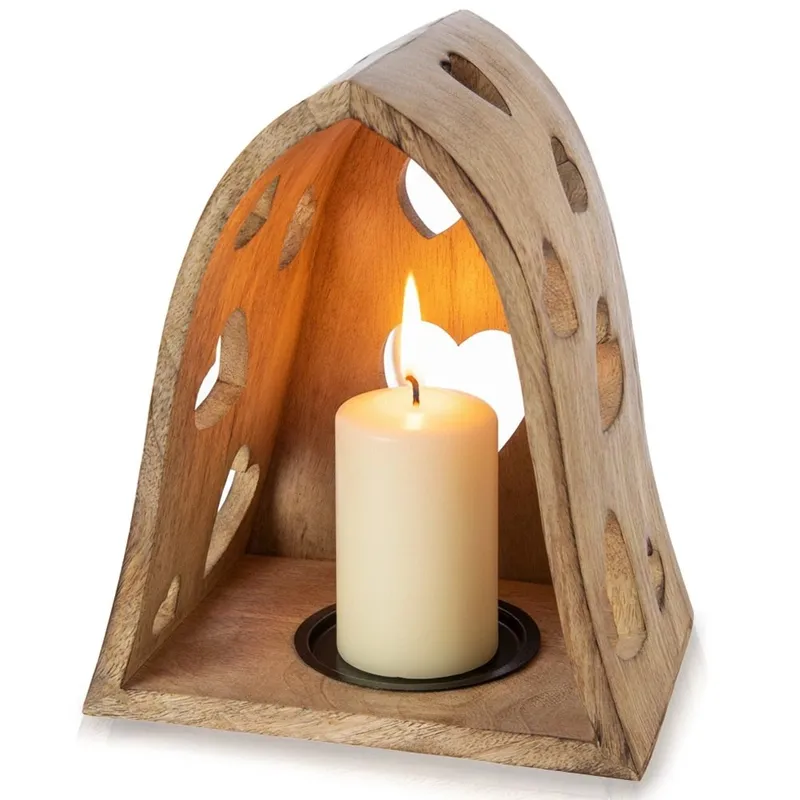 Świecznik Drewniany Mango Serce 23 cm Ażurowy Loft Lampion Dom MEBLIVA