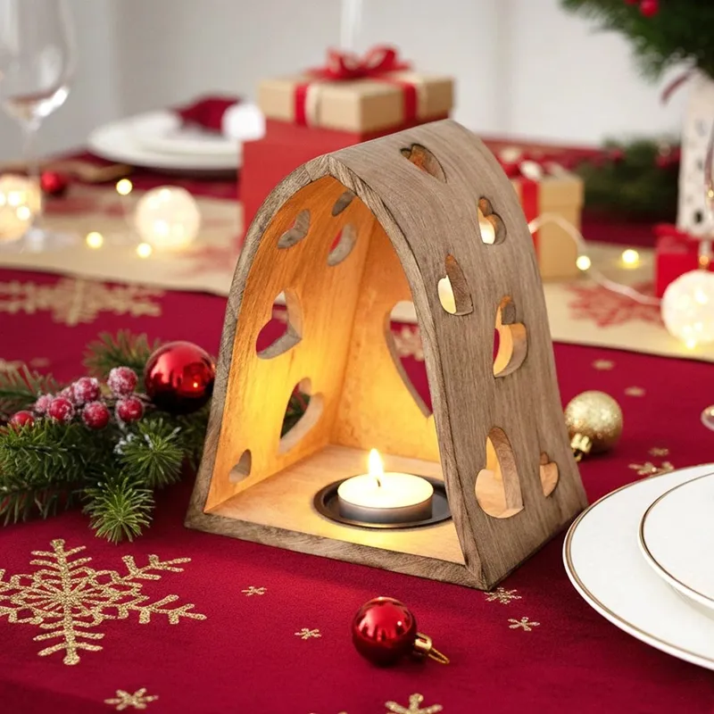 Świecznik Drewniany Mango Serce 23 cm Ażurowy Loft Lampion Dom MEBLIVA