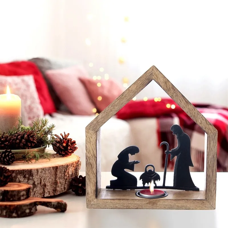 Świecznik Szopka Boże Narodzenie Drewno Mango Metal Loft Domek MEBLIVA