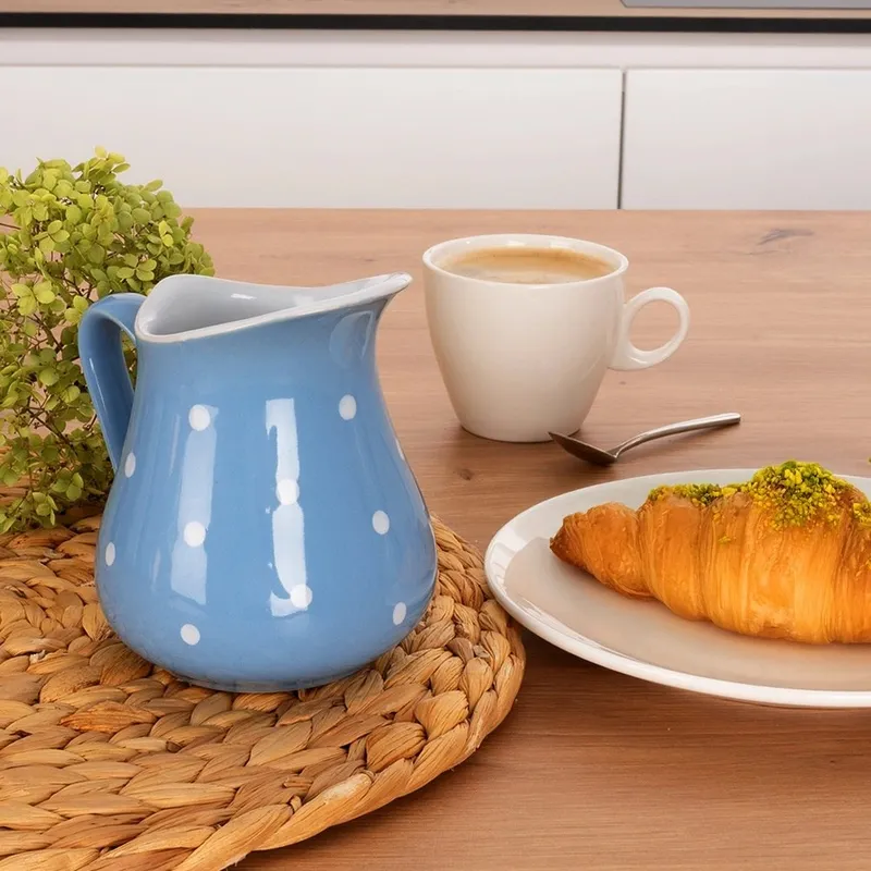 Dzbanek Ceramiczny 480 ml W Groszki Dots Mlecznik MEBLIVA - Niebieski