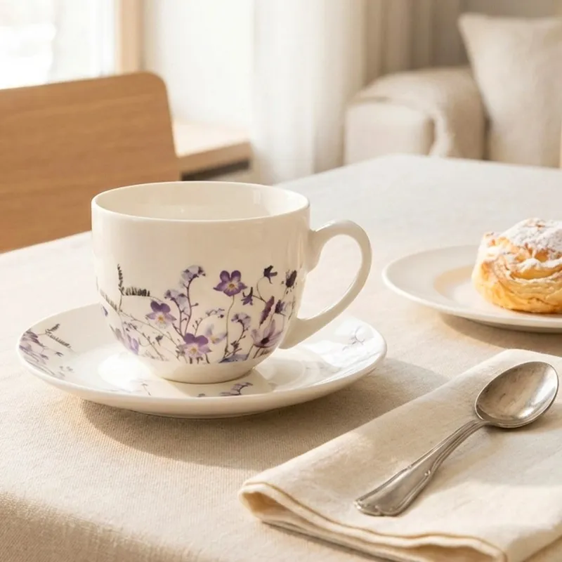 Filiżanka Ze Spodkiem 260 ml Louka Porcelanowy Zestaw Do Kawy MEBLIVA