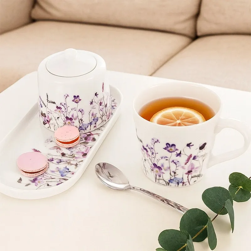 Kubek Porcelanowy Duży 430 ml Louka Kwiatowy Dekor Do Herbaty MEBLIVA