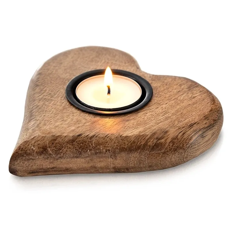 Świecznik Serce Drewno MANGOWCA Na Tealight 12,5 cm Duży Boho MEBLIVA