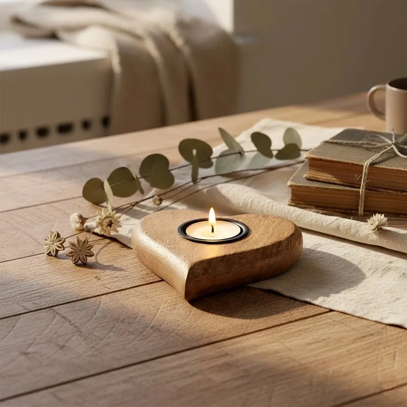 Świecznik Serce Drewno MANGOWCA Na Tealight 12,5 cm Duży Boho MEBLIVA