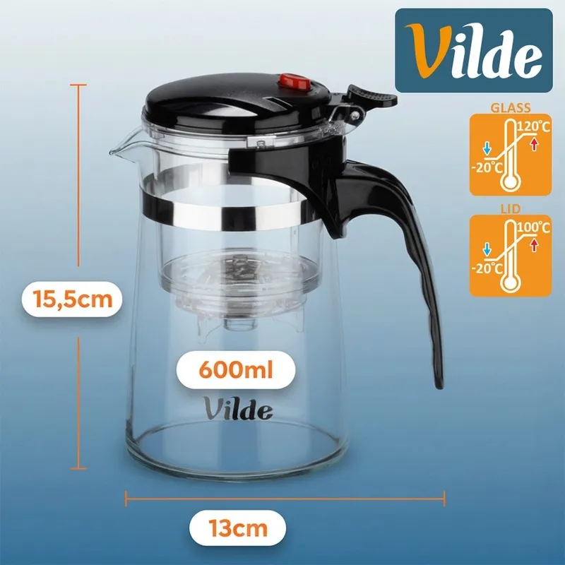 Dzbanek Szklany Zaparzacz 600 ml System Spustowy Borokrzemowe MEBLIVA