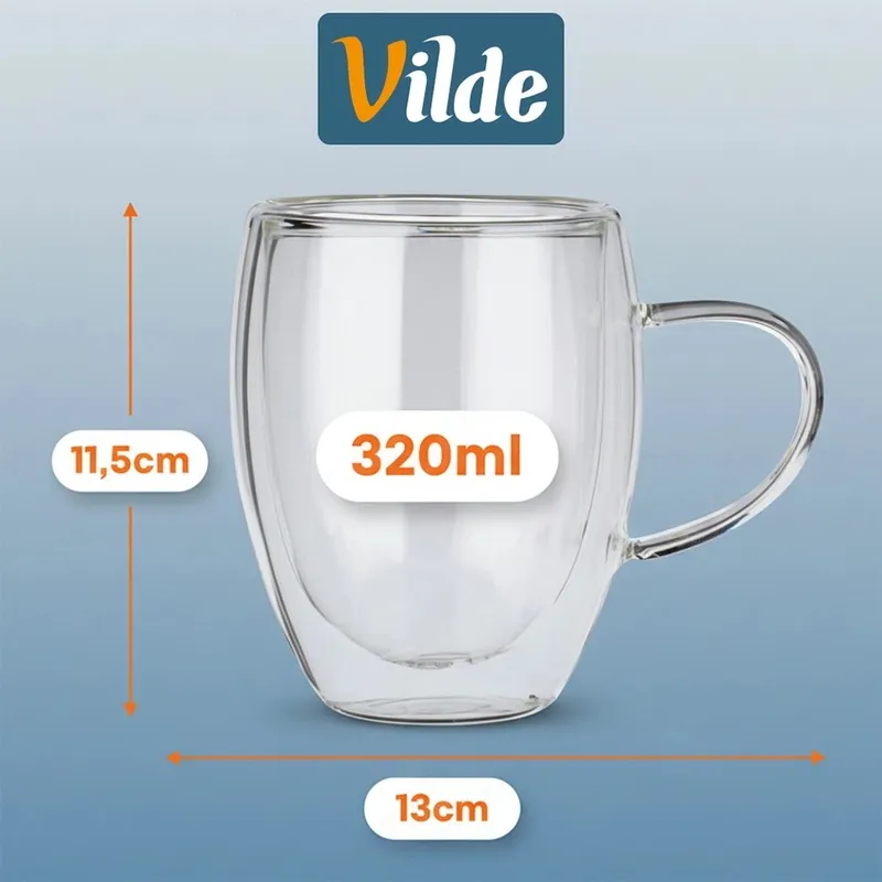 Komplet 2 Szklanek Termicznych Z Uchem 320ml Podwójne Szkło MEBLIVA