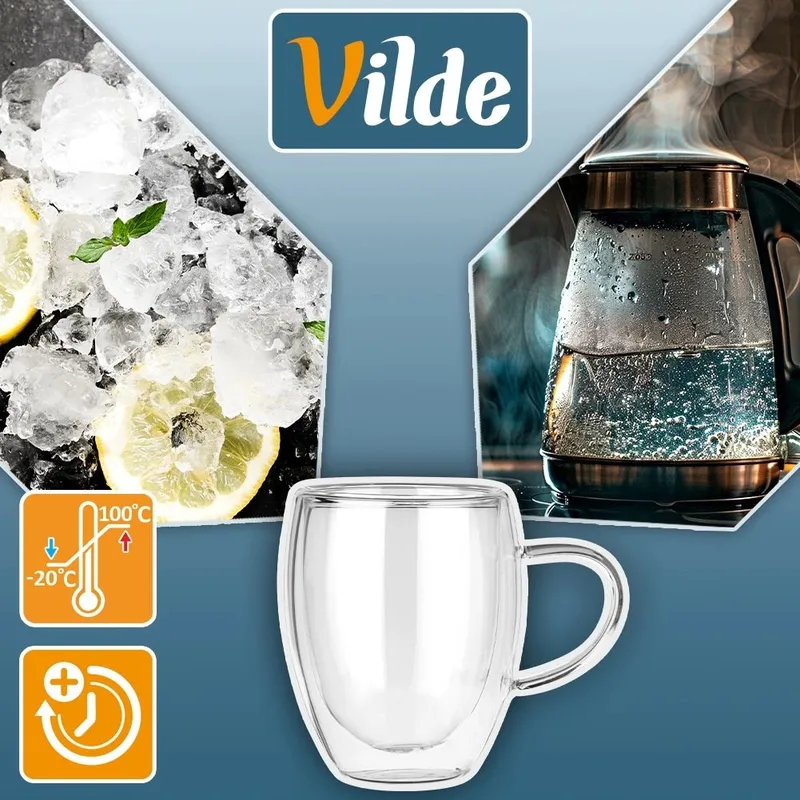 Komplet 2 Szklanek Termicznych Z Uchem 320ml Podwójne Szkło MEBLIVA
