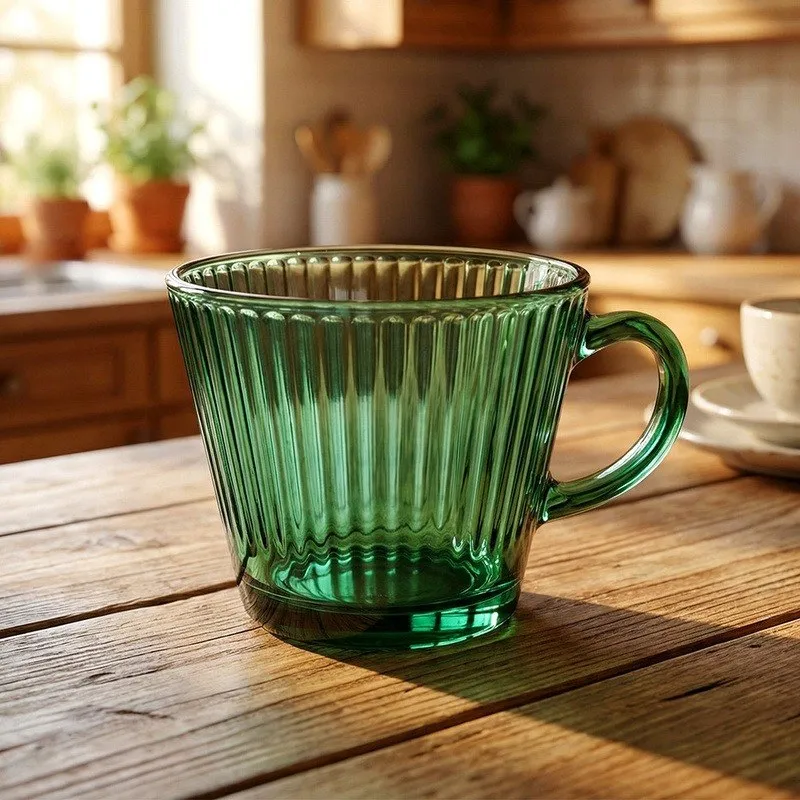 Duża Szklanka Z Uchem Do Kawy Herbaty Ryflowana 420 ml MEBLIVA - Zielona