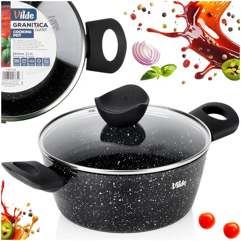 Garnek Granitowy Z Pokrywką Indukcja 2,2 l 20 cm MEBLIVA - Czarny