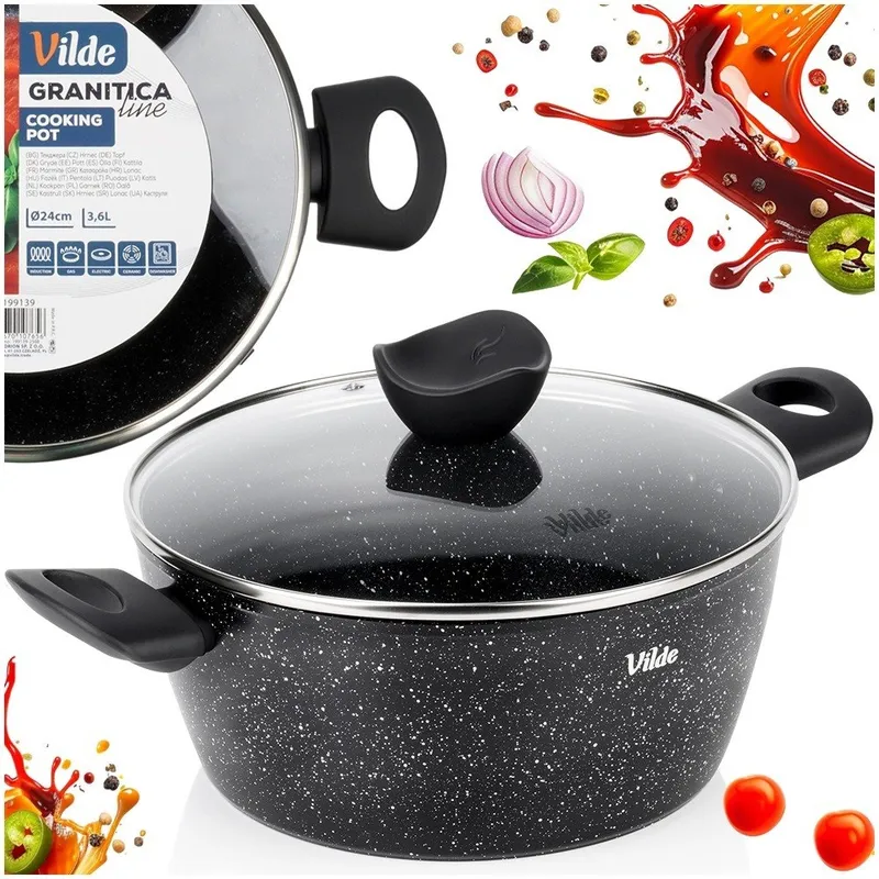 Garnek Granitowy Z Pokrywką Indukcja 3,6 l 24 cm MEBLIVA - Czarny