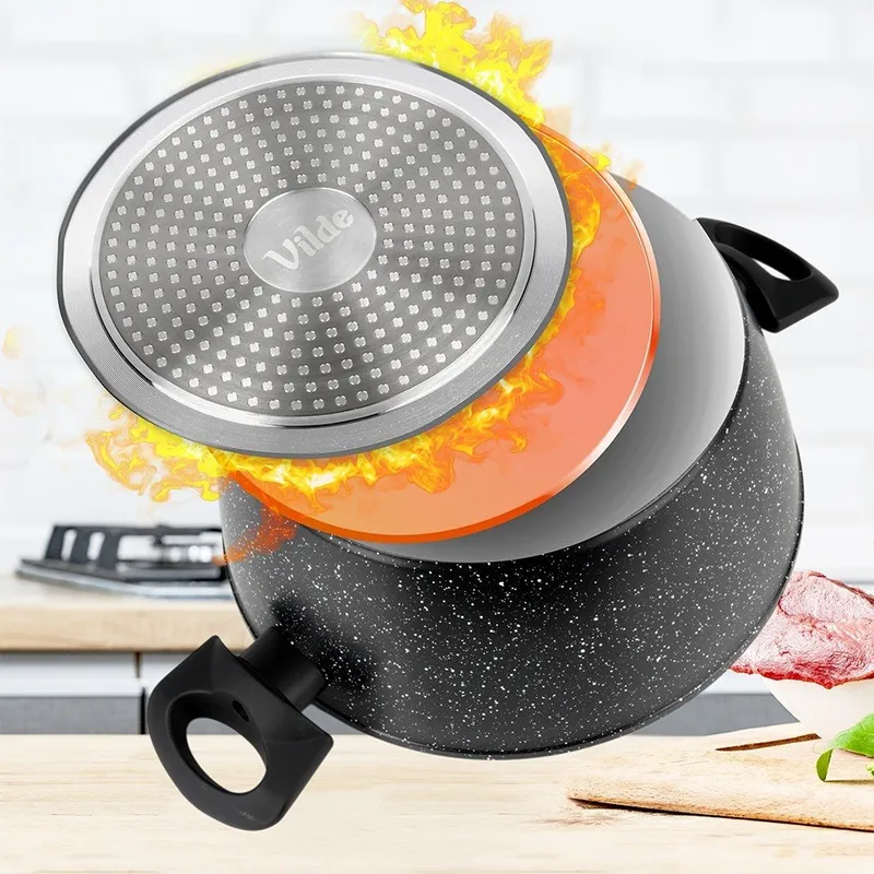 Garnek Granitowy Z Pokrywką Indukcja 3,6 l 24 cm MEBLIVA - Czarny
