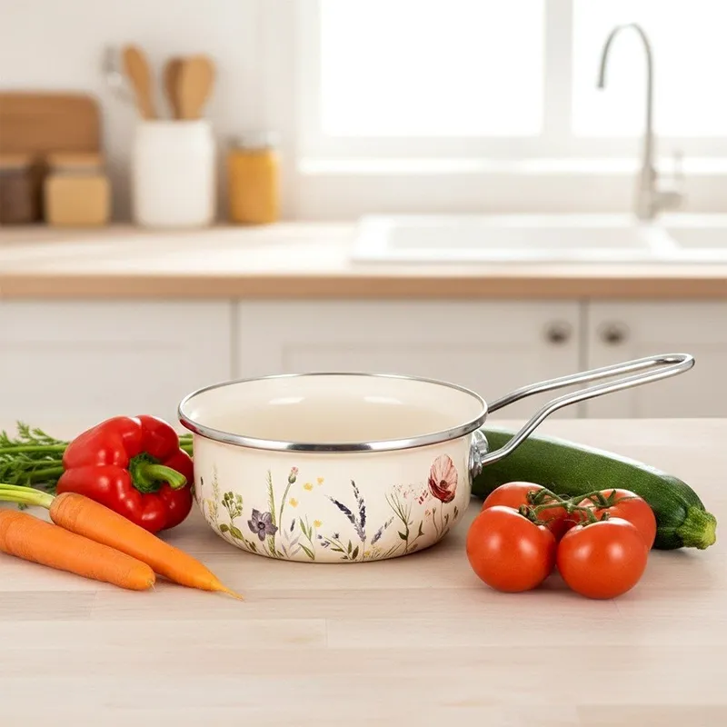 Rondel Emaliowany W Kwiaty Maki 14 cm 0,65 l Na Indukcję MEBLIVA - Kremowy