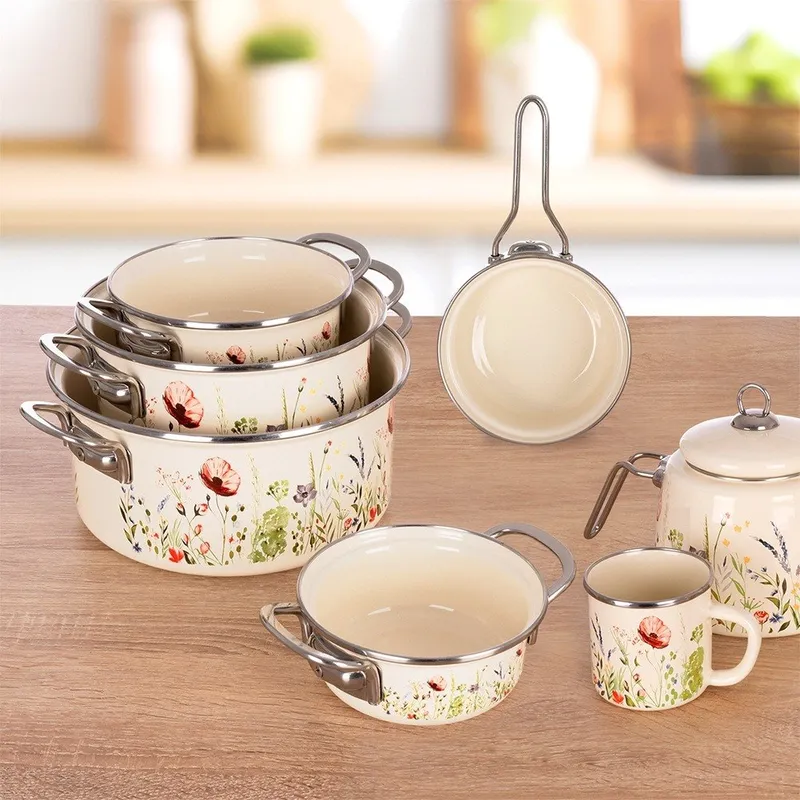 Rondel Emaliowany W Kwiaty Maki 14 cm 0,65 l Na Indukcję MEBLIVA - Kremowy