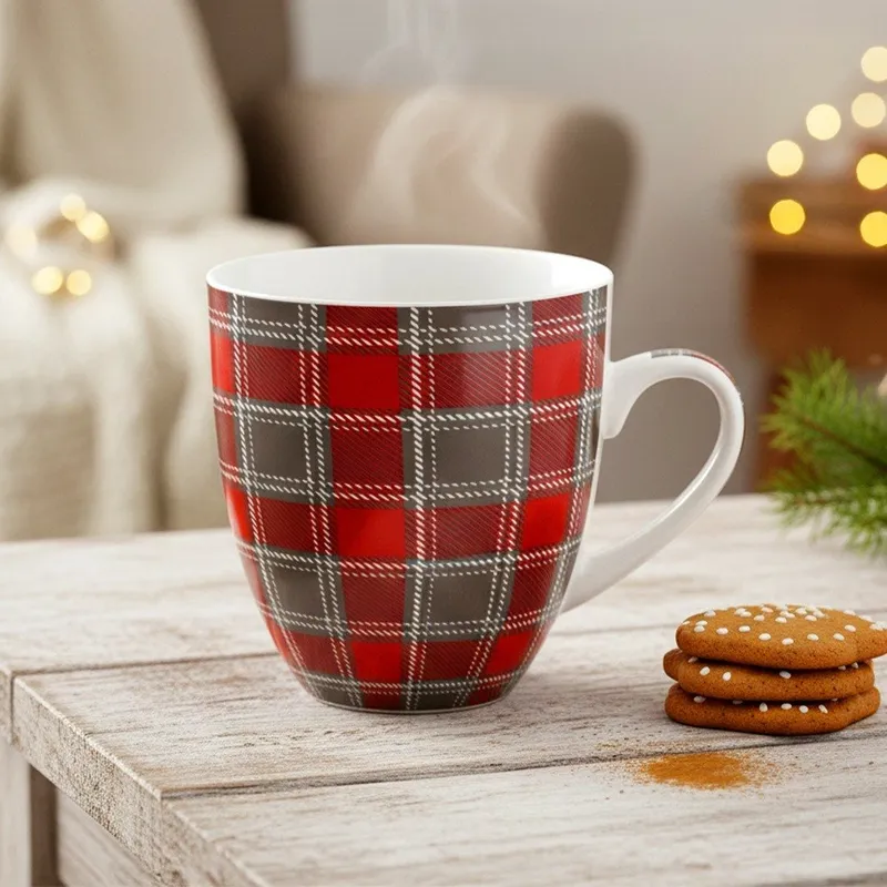 Kubek Porcelanowy XXL Do Kawy Herbaty Duży W Czerwono-Szarą Kratkę MEBLIVA