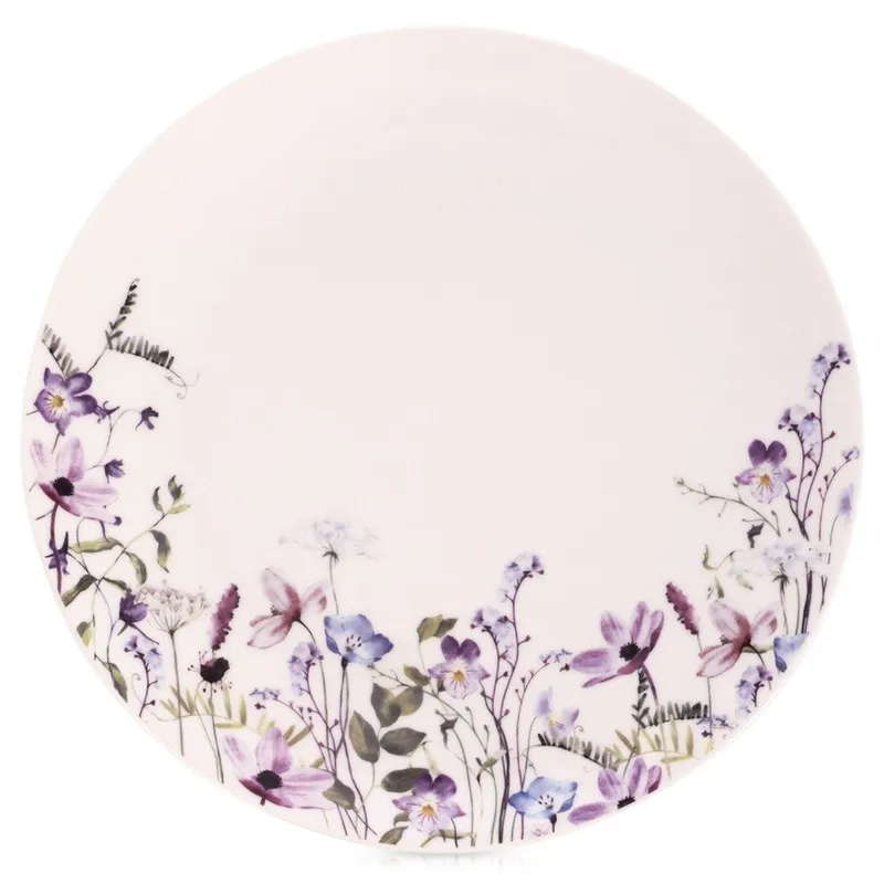 Talerz Obiadowy Płytki Porcelanowy Kwiaty Ozdobny Okrągły MEBLIVA - Biały