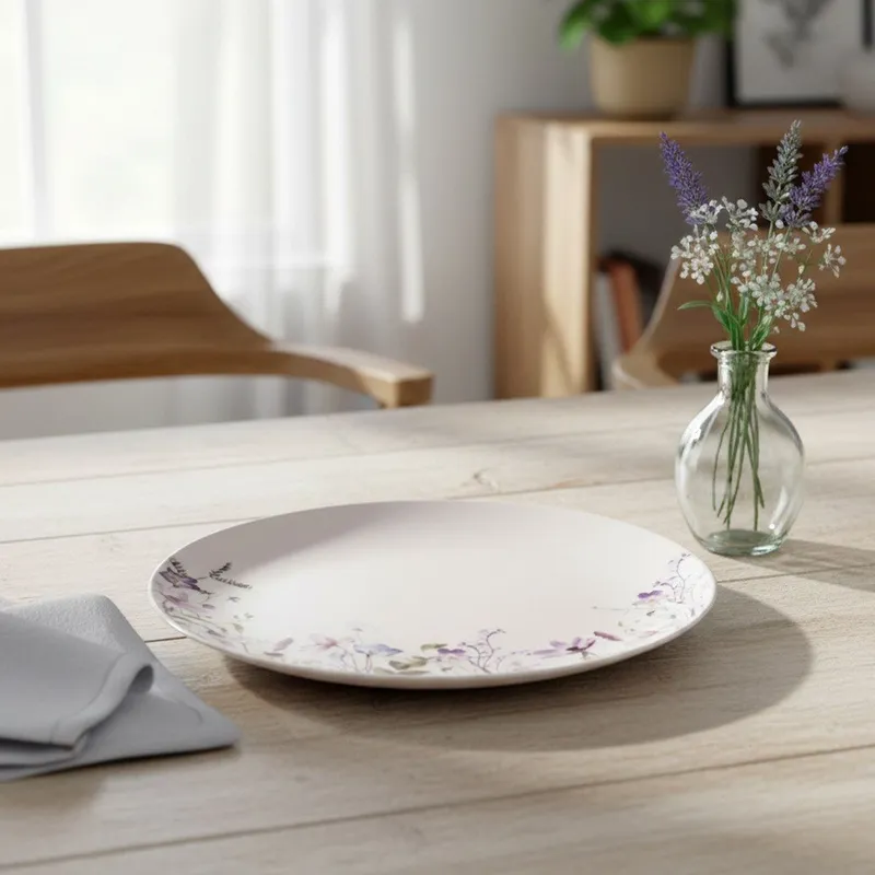 Talerz Obiadowy Płytki Porcelanowy Kwiaty Ozdobny Okrągły MEBLIVA - Biały
