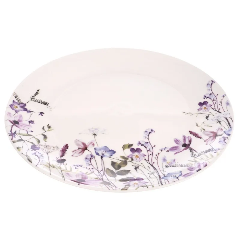 Talerz Obiadowy Płytki Porcelanowy Kwiaty Ozdobny Okrągły MEBLIVA - Biały